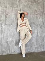 Строгий и стильный: Женская тройка с рубашкой, штанами и топом из жатки 42/44, беж