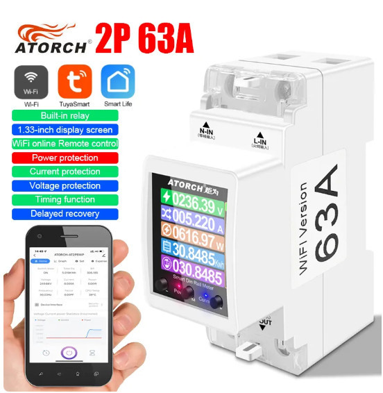 Умный счетчик Atorch AT2PL-63A, 2P DIN с WiFi, экраном и 5-мя видами ...
