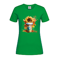 Зеленая женская футболка Подсолнухи и кофе (28-2-12-зелений)