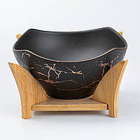 Керамическая салатница на деревянной подставке, 23х23х13.5 см, чёрный мрамор