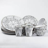Набор керамической посуды на 4 персоны белый с изящным винтажным узором (с чашками) Столовый сервиз