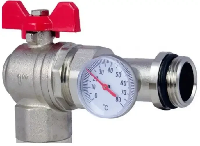 KР кран з накидною гайкою з термометром кутовий 1", фото 1