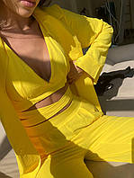 Непревзойденное качество: Женский костюм тройка с рубашкой, штанами и топом в ткани жатка 42/44, желтый