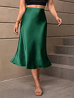 Зелёная женская базовая шелковая юбка-колокол длины миди с резинкой на талии