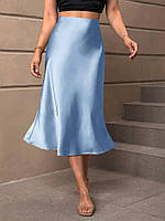 Голубая женская базовая шелковая юбка-колокол длины миди с резинкой на талии