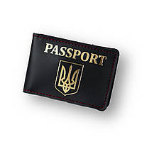 Обложка для ID-паспорта "Герб Украины+Passport", черная с позолото,красная нить.