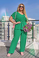 Брючный летний костюм женский большого размера зеленый