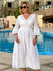 Жіноче біле плаття з натуральної тканини і вставками прошви (з M по 2XL)