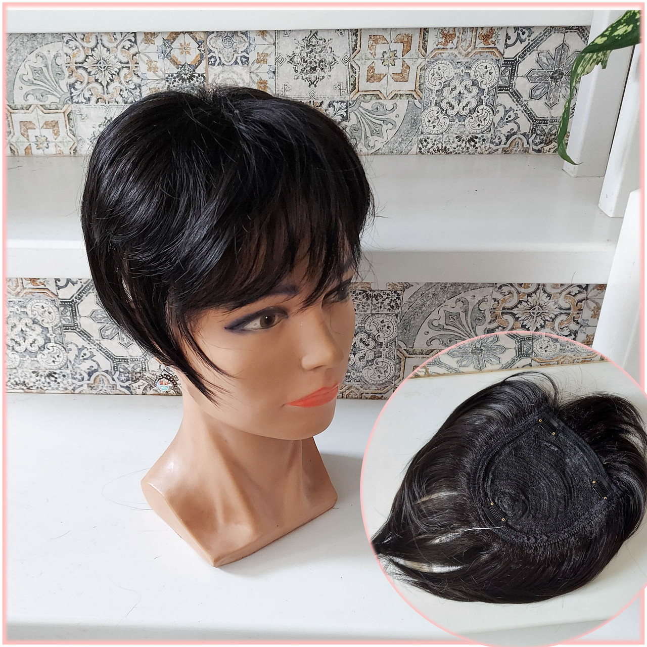 Накладка на маківку на зажимах з термоволосся чорна кава RY603- 2, фото 1