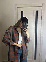 Женская стильная базовая рубашка в клетку на кнопках (Размер S,M,L), Серая с оранжевым