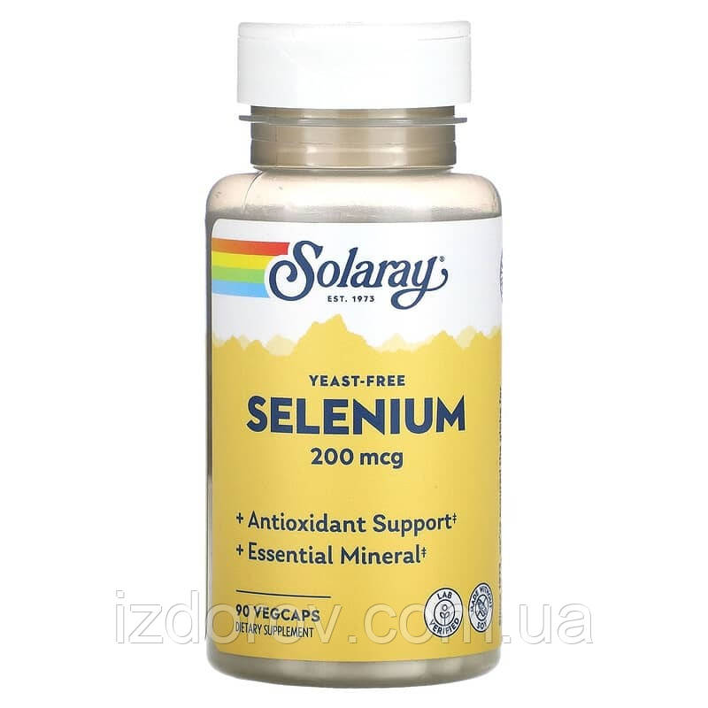 Селен 200 мкг Solaray Selenium Yeast Free для здоров'я щитоподібної залози 90 рослинних капсул