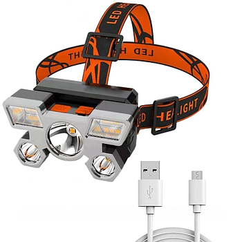 Ліхтар налобний Smarter із вбудованою батареєю, 5 діодів / Акумуляторний світлодіодний ліхтарик на голову