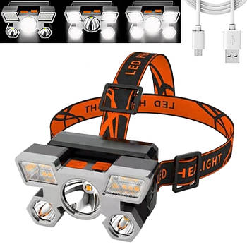 Ліхтар налобний акумуляторний Smarter, 5 діодів / Ліхтарик світлодіодний на голову з акумулятором