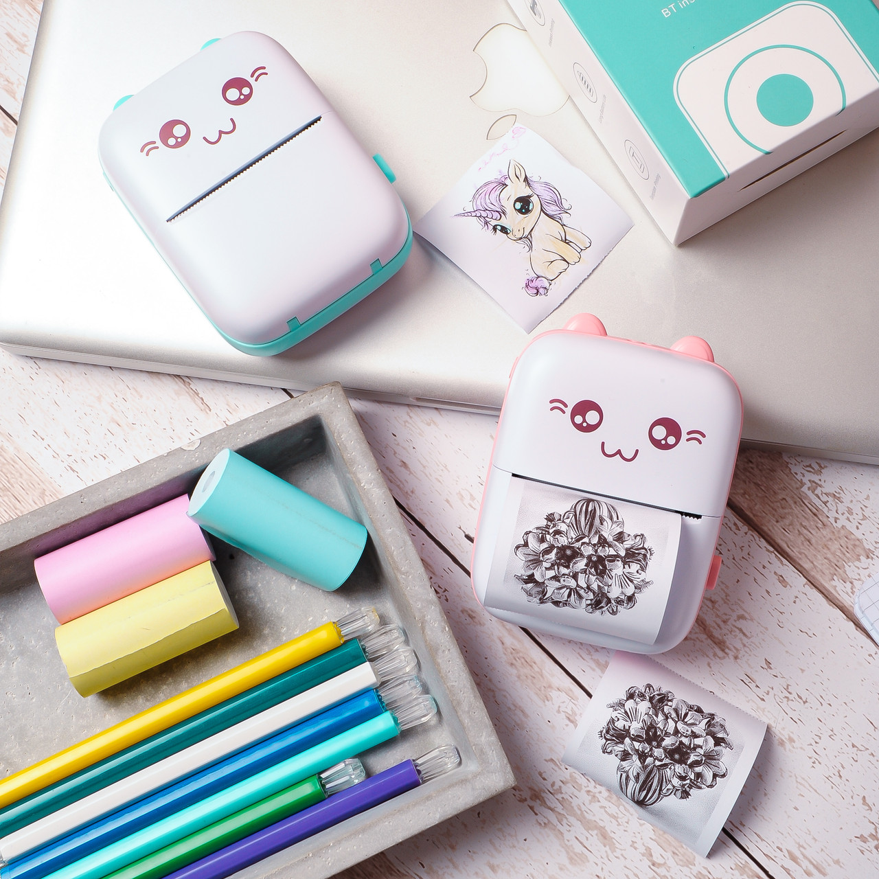 Портативний міні принтер з набором кольорового паперу 3 рулони, дитячий кишеньковий термопрінтер з Bluetooth "Котик", фото 1