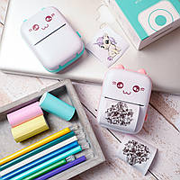 Портативний міні принтер з набором кольорового паперу 3 рулони, дитячий кишеньковий термопрінтер з Bluetooth "Котик"