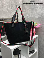 Натуральний замш. Чорна з червоним — з логотипом — стильна велика сумка, дорогий турецький матеріал (0217-1)
