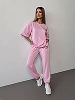 Стильный женский летний спортивный прогулочный костюм Калифорния футболка со спущенным рукавом штаны двунитка Розовый, 42/44
