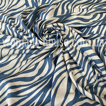 Тканина Льон натуральний (Льняна тканина) принт Зебра Голубая на молочном