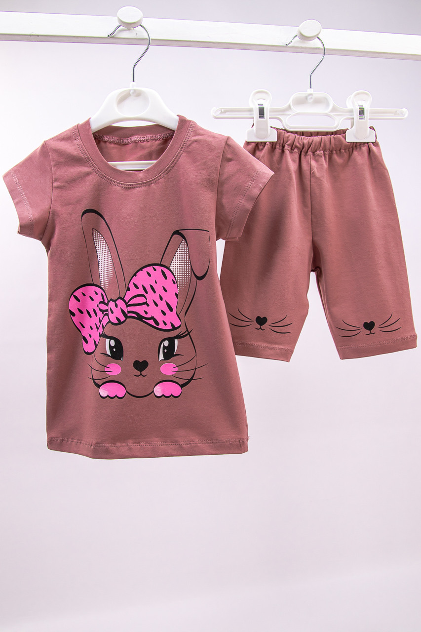 Літній комплект для дівчинки футболка+треси Зайка стрейч-кулир, фото 1