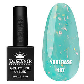 Кольорова база Yuki base Дизайнер з пластівцями Юки для манікюру та педикюру, 9мл. Бірюзовий 187