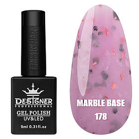 Камуфлююча кольорова база Marble base Дизайнер з різнокольоровими пластівцями Юки для манікюру, 9 мл. Рожево-фіолетовий 178