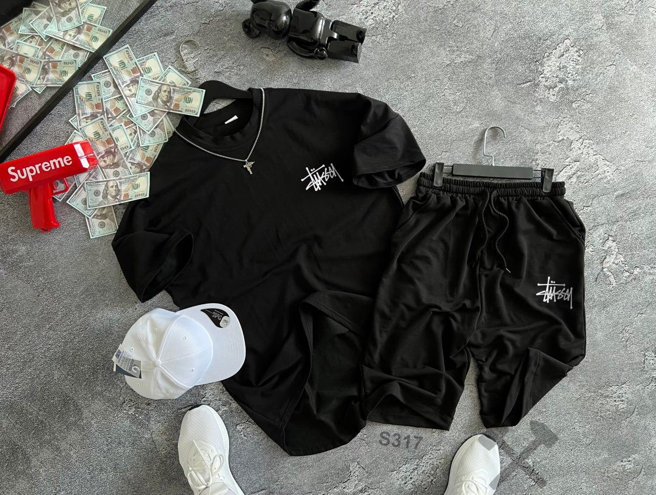 Чоловічий літній оверсайз костюм Футболка + Шорти Stussy чорний комплект Стуссі на літо