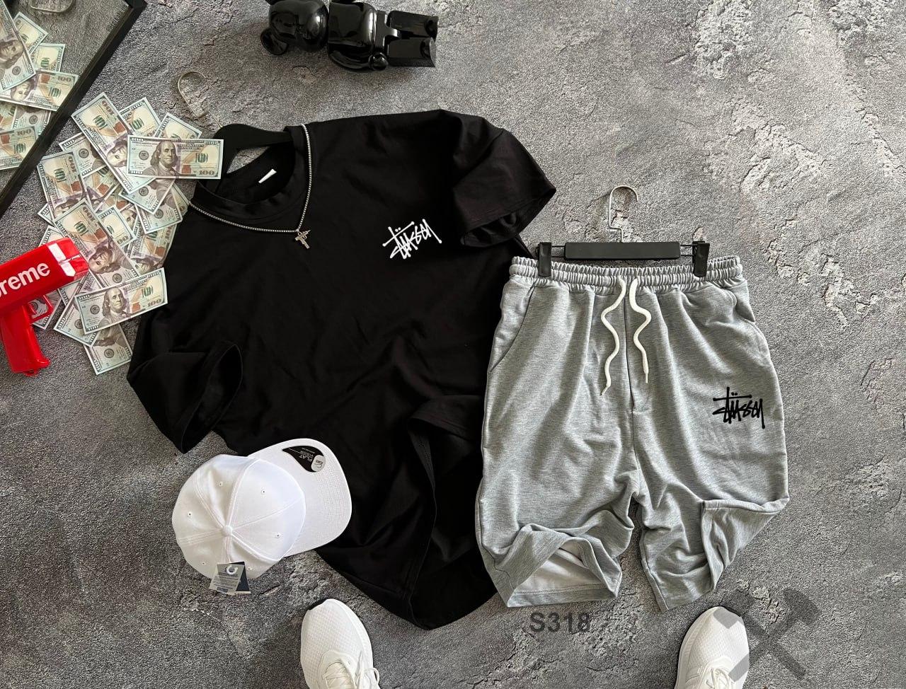 Чоловічий літній оверсайз костюм Футболка + Шорти Stussy чорний із сірим комплект Стуссі на літо