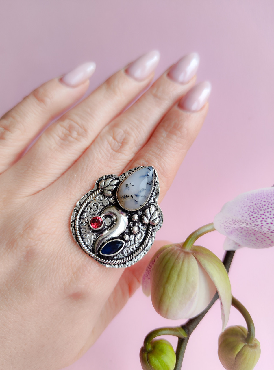 Кільце дендро-опал крапля та мультикамені. Дендроопал каблучка перстень. Дендроагат кільце. Розмір 18. Індія., фото 1