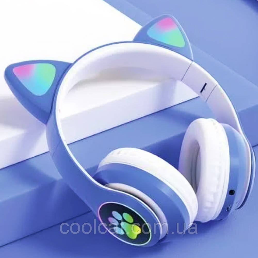 Бездротові навушники з вушками та підсвічуванням, STN-28, Сині / Дитячі навушники Bluetooth з котячими вушками