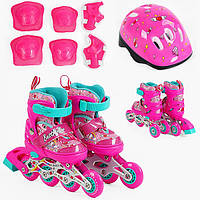 Ролики шлем и защита для девочки размер 26-28, Розовые (стелька 15-16 см, переставные задние колеса) 10210-XS