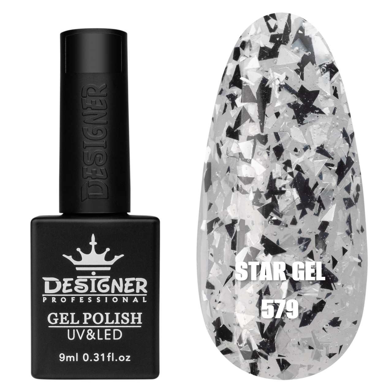 Гель-лак для манікюру Star gel Дизайнер (з пластівцями Юки), 9 мл Срібло з чорним №579, фото 1