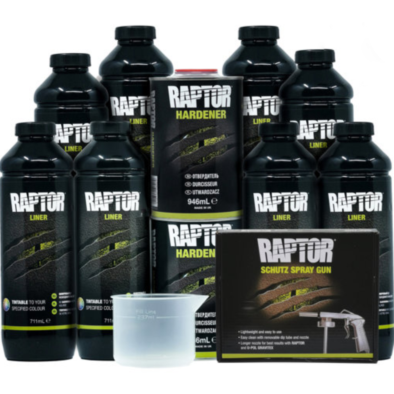 Захисне покриття підвищеної міцності (фарба) U-POL RAPTOR™ + пістолет, 8 л Комплект Безбарвний