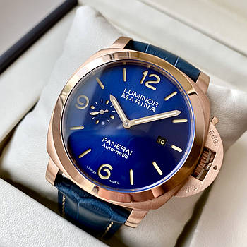 Наручний годинник Officine Panerai Luminor Marina Blue Gold AAA чоловічий механічний на шкіряному ремені з календарем