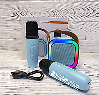 Портативна Bluetooth колонка 2в1 з RGB-підсвіткою K12 колонка-караоке з двома мікрофонами Синя