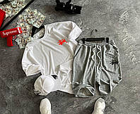 Мужской летний оверсайз костюм Футболка + Шорты Stussy белый с серым комплект Стусси на лето