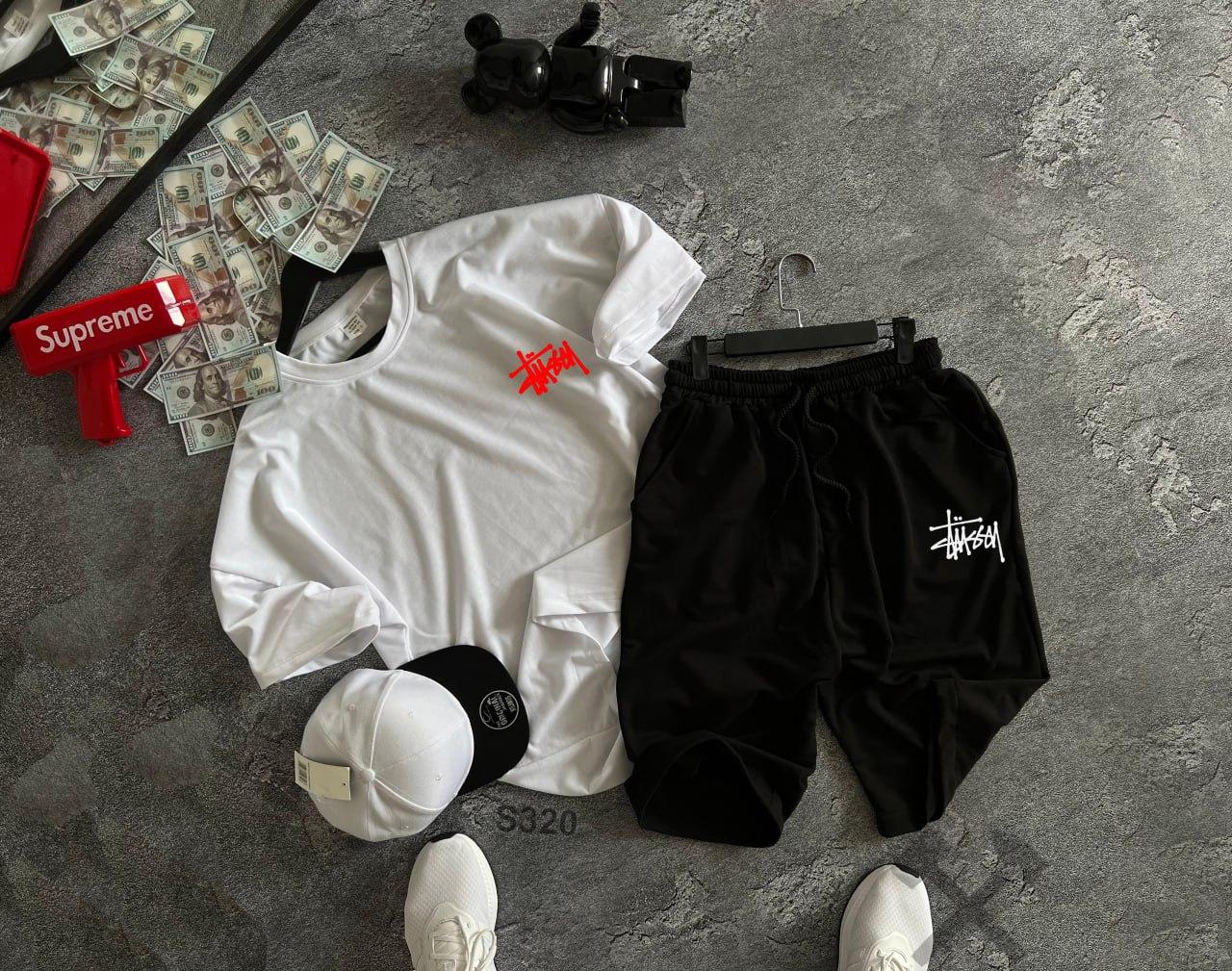 Чоловічий літній оверсайз костюм Футболка + Шорти Stussy білий із чорним комплект Стуссі на літо