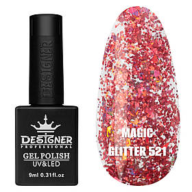 Гель-лак для манікюру Magic glitter Дизайнер (з пластівцями хамелеон різного розміру), 9 мл Рожевий зі сріблом №521