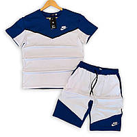 Мужской комплект шорты и футболка Nike Tech летний спортивный костюм Найк Теч синий белый хлопок ХИТ