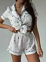 Удобная женская пижама с сердечками кофта на пуговицах и шорты из муслина KXdv16
