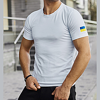 Мужская патриотическая футболка летняя с флагом на плече с украинской символикой хлопок базовая белая