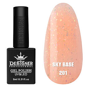 Камуфлююча кольорова база Sky base Дизайнер з поталлю (пластівці Юкі) для манікюру та педикюру, 9 мл. 201