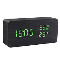 Настольные электронные часы от сети+батарейка, дата, температура, влажность VST-862S (черный с зеленым светом)