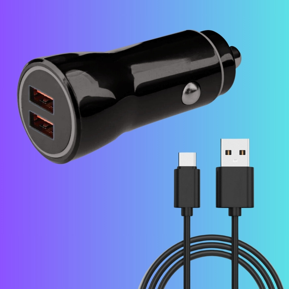 Автомобільний зарядний пристрій із швидкою зарядкою та 2 USB роз'ємами комплект з кабелем зарядки USB TypeС