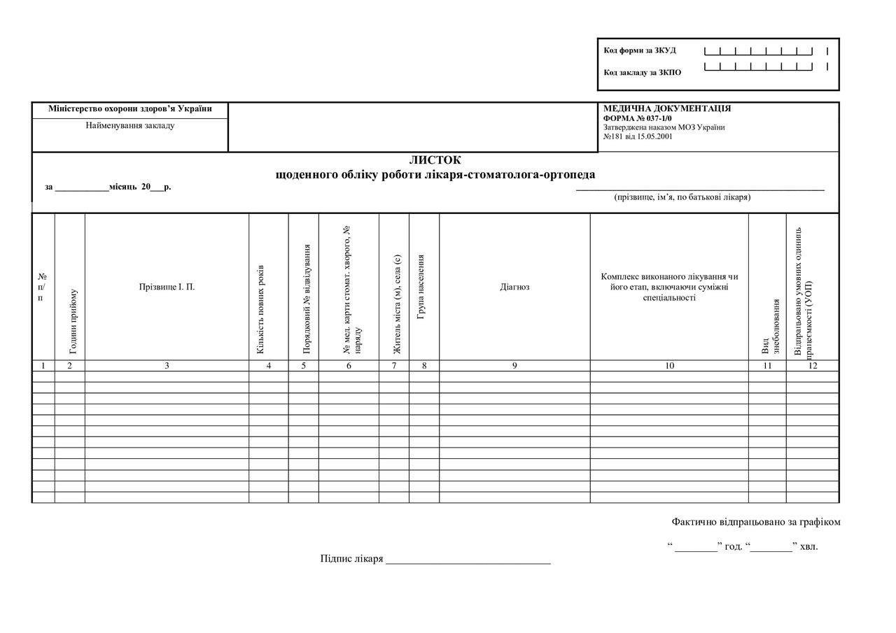 Листок щоденного обліку роботи лікаря стоматолога-ортопеда форма №037-1/о