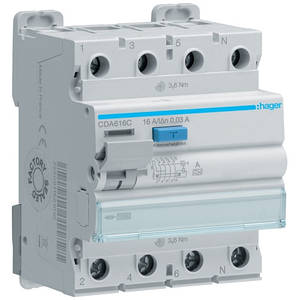 Дифреле (УЗО) Hager CDA616C 4-полюсне 10kА 16А 30mA тип А