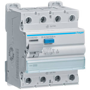 Дифреле (УЗО) Hager CDA625D 4-полюсне 10kА 25А 30mA тип А