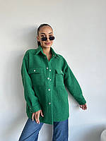 Теплая куртка-рубашка из шерсти букле с накладными карманами зеленый-RudSale