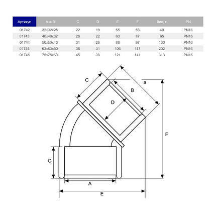 Коліно клейове 45° ПВХ Hidroten 1001743, редукційне, d40x40x32 мм, фото 3