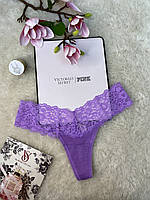 Трусики Victoria's Secret XS стринги хб с кружевным поясом сиреневый Виктория Сикрет