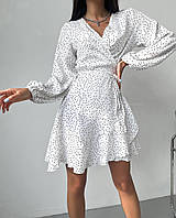 Утонченное женское платье на запах в мелкий горошек (черное, белое) 42-46 размер